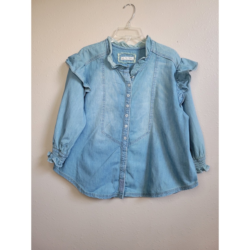 We The Free Free People Blue Denim Ruffle Shoulder Button Down Shirt Small